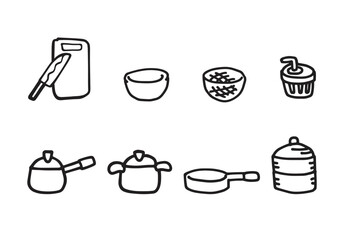 モノクロの手描き調理道具のイラストセット