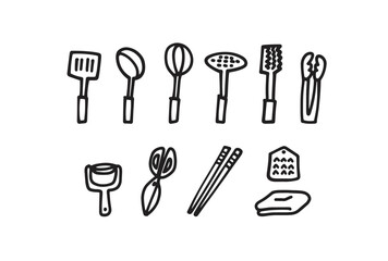 モノクロの手描きキッチンツールのイラストセット