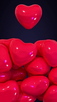 Romantic Inflatable Hearts Falling on Dark Blue Background, Love and Valentine Concept