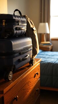 A stack of luggage on a wooden dresser in a hotel room with a bed, lamp, and window in the background, indicating check-in or departure
