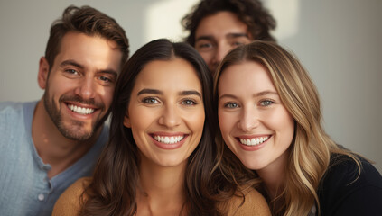 Obraz premium Smiling diverse friends posing for closeup portrait with warm natural light