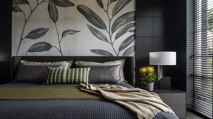 Stylish Modern Bedroom Design Featuring Nature-Inspired Wallpaper and a Serene, Dark Color Scheme