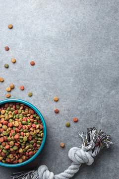 A colorful dry dog food in a blue bowl, scattered kibbles and rope toy on gray textured surface. Top view.