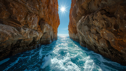 Seaside Rock Gap with Floating Camera and Sunlit Horizon