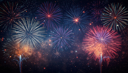 Obraz premium Colorful fireworks burst over night sky celebrating festive holiday with sparkling trails