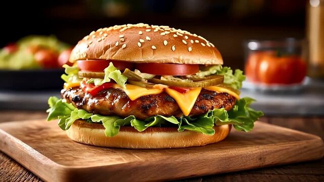A juicy cheeseburger with lettuce and tomato on a wooden board viewed from the front.