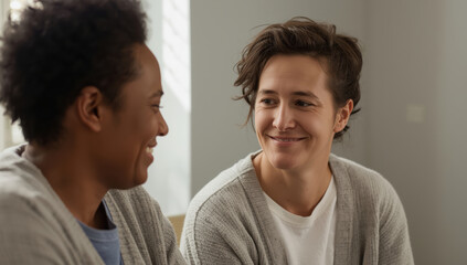 Obraz premium Smiling couple sharing supportive conversation in cozy living room