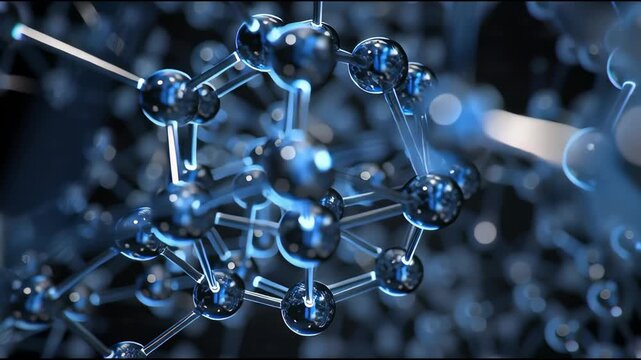 Close-up of a molecular structure model with blue metallic balls and rods on a dark background with bokeh effect.