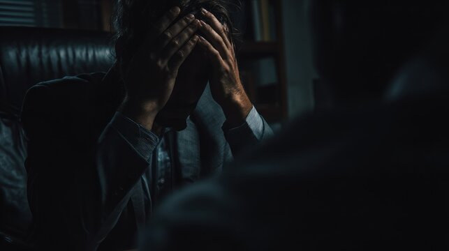 Man facing challenges during therapy session with head in hands for support