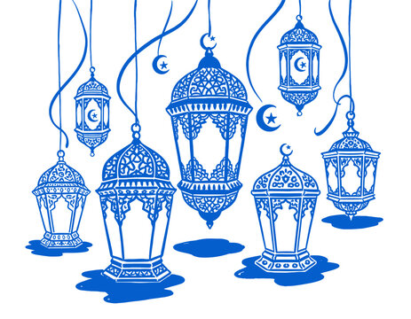 Ramadan lanterns blue sketch drawing, fanoos, moon star, Islamic celebration, Eid al-Fitr, Arab pattern, hanging lamp art, vector illustration.
