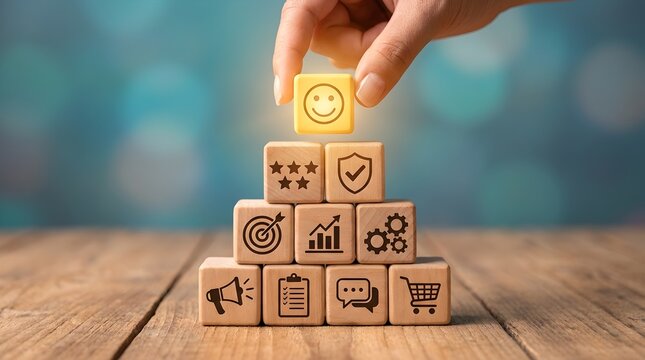 Hand Picking Smiling Yellow Face Block from Wooden Business Icon Pyramid Tower on Table with Blue Bokeh Background
