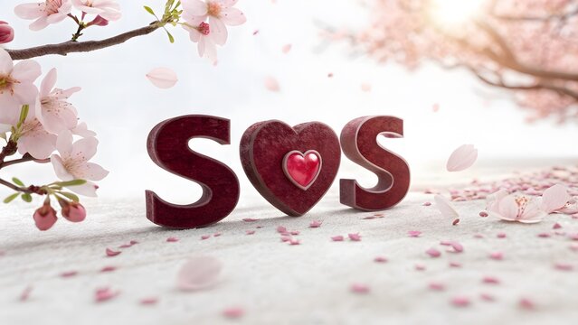 3D rendered SOS love message with heart on pink cherry blossom petals background