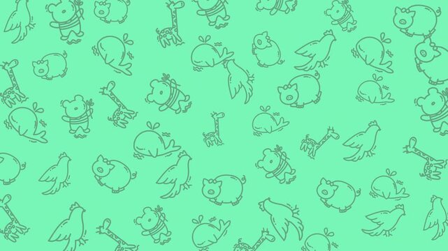 Cute hand drawn animal doodle seamless looping animation. Playful cartoon wildlife pattern with clean line art, perfect for kids content, backgrounds, motion graphics, and UI loops.