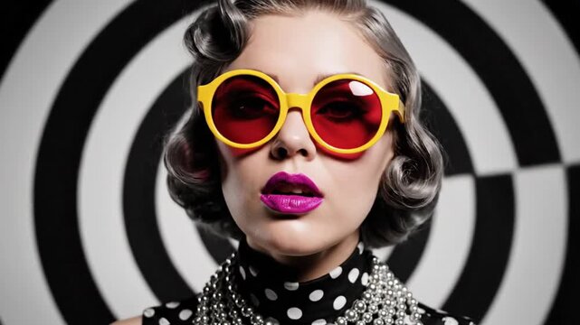 A woman wearing yellow sunglasses and a polka dot blouse stands confidently in front of a black and white target background