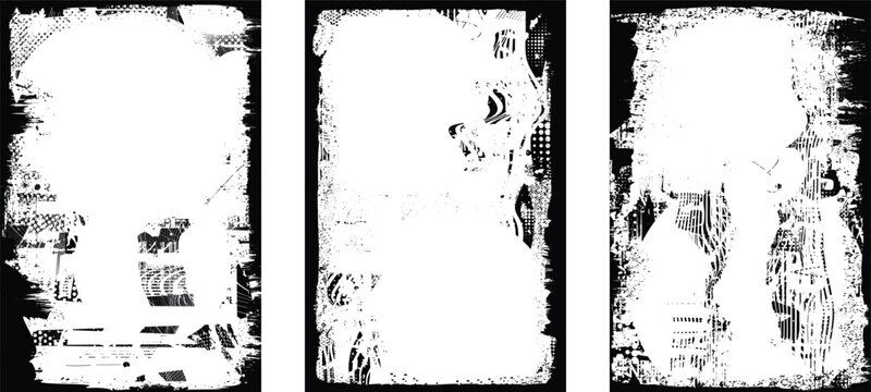 Poster overlays set . Noise destroyed logo . Trendy cyber punk poster . Glitched frame .Grunge textured . Distressed effect .Vector shapes with a halftone dots screen print texture.