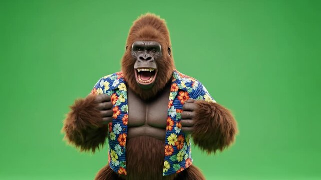 Happy Gorilla in Hawaiian Shirt Dancing on Green Screen Background