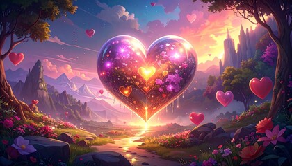 Obraz premium Romantic fantasy valley at sunset with glowing heart-shaped hot air balloons floating above river, mountains, and lush vegetation, dreamy sky in warm hues, symbolizing love, adventure, and wonder.