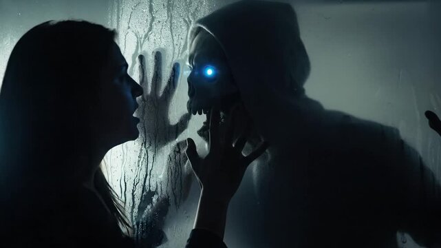 Scared woman trapped behind foggy glass with menacing entity with glowing eyes