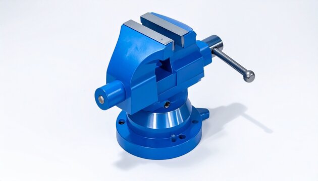 Blue bench vise with parallel jaws, one fixed and one movable, screw mechanism operated by handle, rotatable base for angle adjustment, mechanical workshop tool for securing objects in metal or woodwo