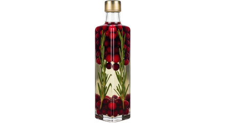 Square glass bottle with cranberries and rosemary isolated PNG, festive holiday infusion for Christmas and Thanksgiving cocktails