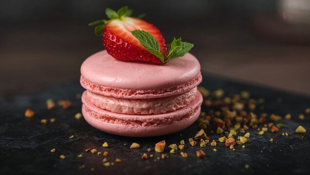 Strawberry macarons with crisp shells and smooth creamy filling, arranged neatly with soft pink tones and elegant patisserie styling for premium dessert presentation