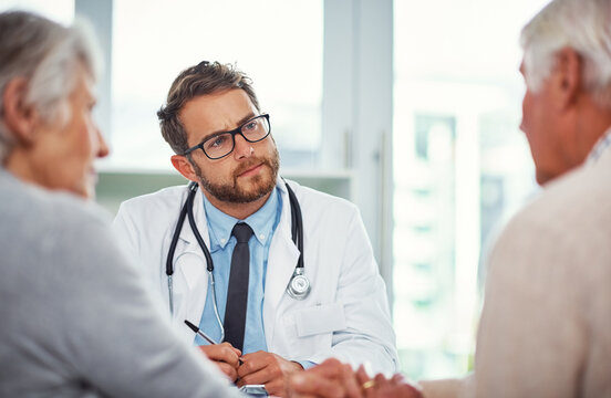 Doctor, consulting and help with old man in office for healthcare diagnosis, serious and urologist expert. Medical check up, prostate cancer screening and meeting with people in clinic for concern
