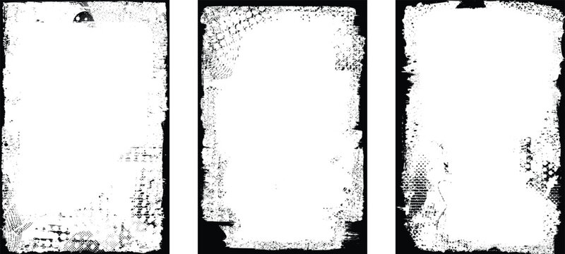 Poster overlays set . Noise destroyed logo . Trendy cyber punk poster . Glitched frame .Grunge textured . Distressed effect .Vector shapes with a halftone dots screen print texture.