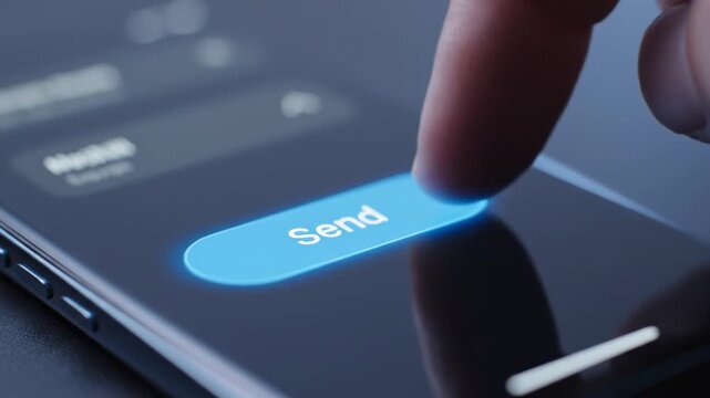 Close up of a human finger pressing a glowing blue send button on a modern smartphone screen for digital communication concept and online messaging