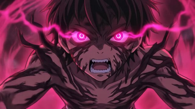 Anime boy with glowing eyes and sharp claws, emitting pink energy, transformation scene