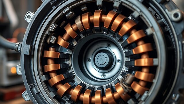 commutator. A disassembled electric motor revealing its internal copper commutator segments. product launch decks, UI/UX mockups, designed for product launches and innovation pitches.