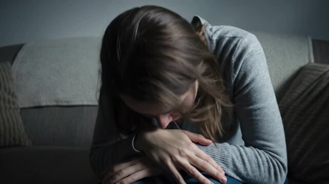 Distressed woman crying on sofa, covering face in despair, emotional breakdown, mental health issues