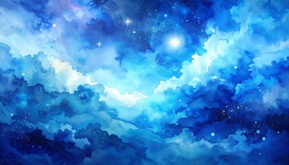 A dreamy celestial sky filled with fluffy blue and white clouds, glowing light like a star or moon, and scattered twinkling stars, evoking ethereal wonder in a magical, otherworldly realm.