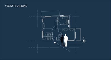 A person stands in front of a detailed architectural blueprint design © Areeba shahid
