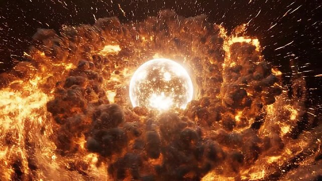 Fiery abstract star or planet exploding in outer space, dynamic celestial event with bright core and dark background, powerful cosmic explosion visual effect, detailed supernova animation