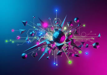 立体図形、ネオンカラーの抽象的なデザイン