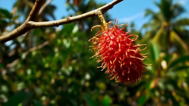 A vibrant red rambutan fruit hangs from a tree branch against a blurred tropical background with palm trees under a clear blue sky