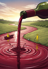 ワインの流れ、夢のような風景イラスト