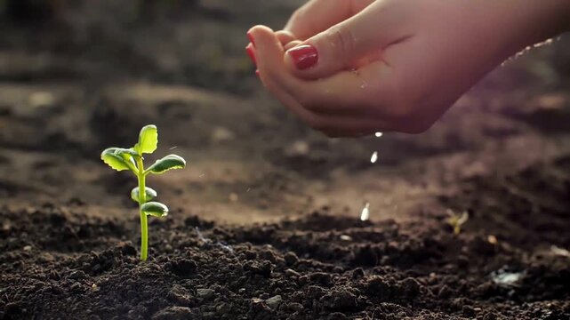 Woman watering a young plant from palms