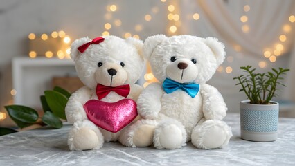 Two fluffy white teddy bears with bows and heart sitting cozy festive home decor background