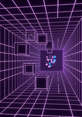 ネオンのグリッド空間に浮かぶ立方体と球体