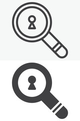 Magnifying glass with keyhole icon set in different style. Line, outline and solid icon versions, editable stroke vector sign and symbol. Search icon for security.
