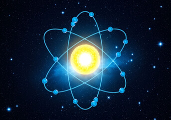 輝く原子モデル、宇宙背景に青い軌道デザイン