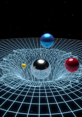 球体が歪む空間、ネオンブルーのグリッド