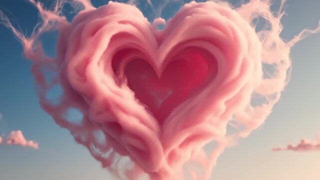 Fluffy pink heart shaped cloud floats serenely in clear blue sky with scattered cotton candy clouds