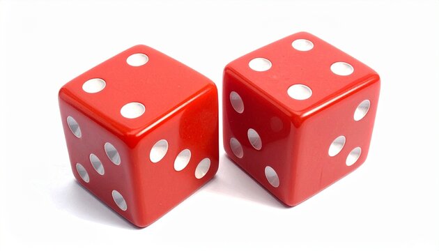 Two red translucent dice on reflective surface, each showing five white dots in quincunx, blurred bokeh background of orange, blue, and yellow lights, vivid colors, sharp focus, vibrant atmosphere.