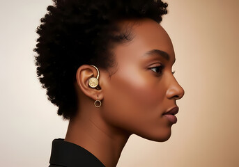 横顔の女性、黄金色のイヤリングが上品