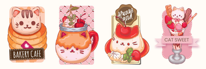 Kawaii Cat Dessert Sticker Set - Cute Kitten Pancake, Sundae, Pudding, and Parfait Illustrations for Bakery Branding
