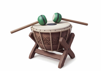 太鼓とバチの静かな佇まい、穏やかな背景色