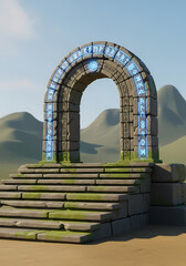 古代遺跡の石造アーチ、青い光が神秘的