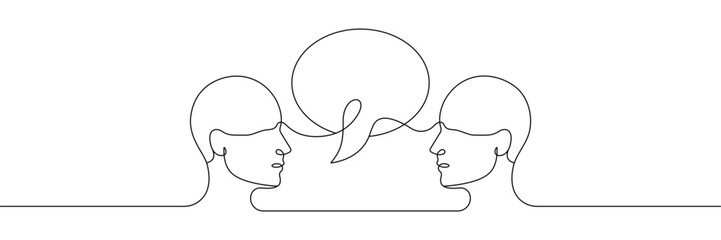 Continuous one line drawing of two human heads talking with a central speech bubble. Single line drawing. Editable stroke. Doodle hand drawn vector illustration © SomDraw